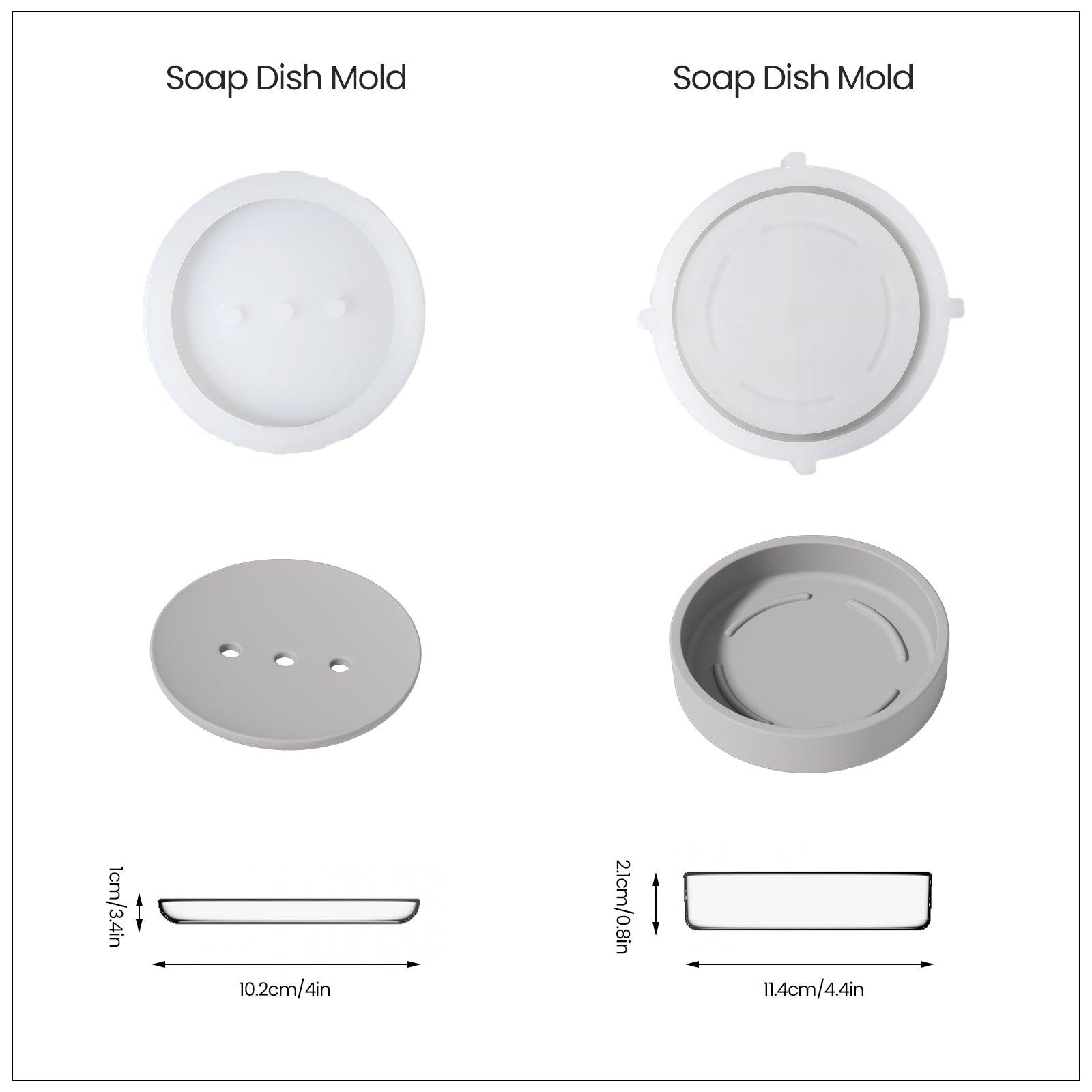 Soap dish with round hole drain pan and corresponding silicone mold. The dimensions of the finished product are shown below.
