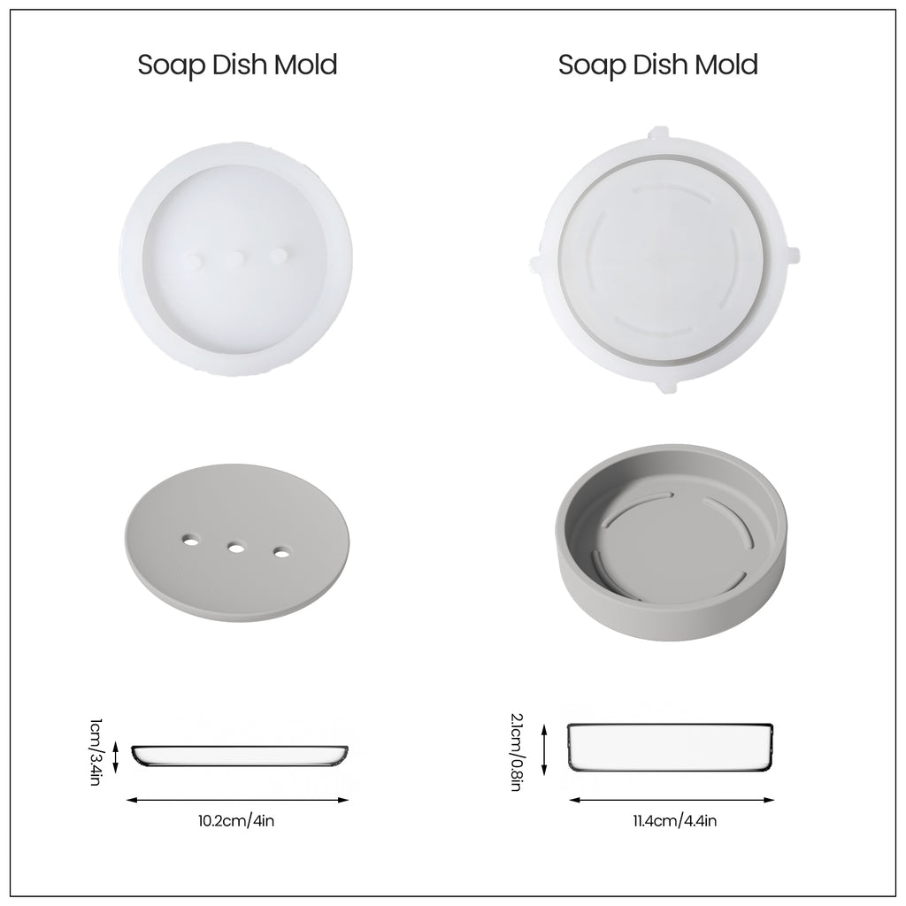 Soap dish with round hole drain pan and corresponding silicone mold. The dimensions of the finished product are shown below.