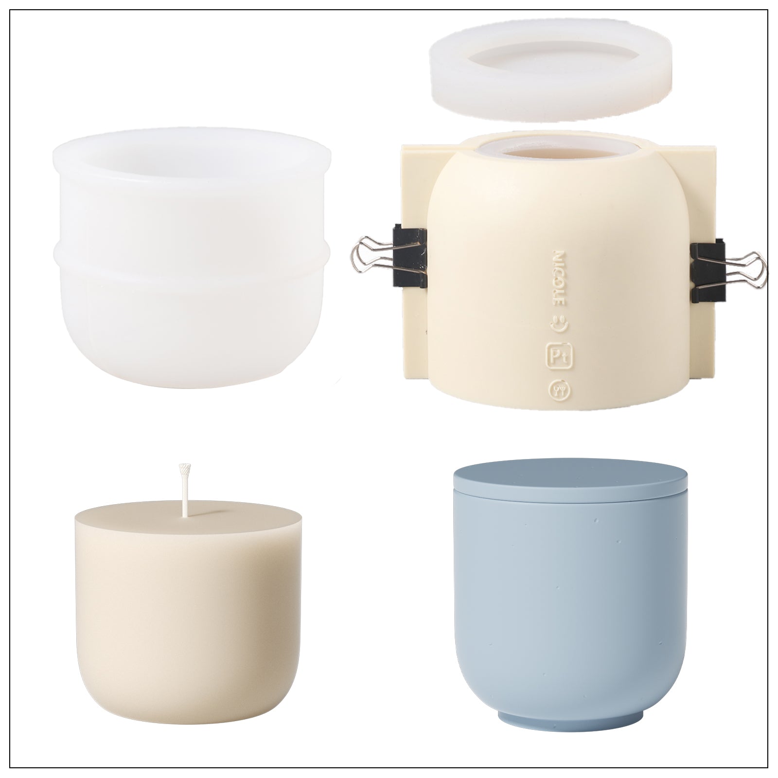 Silicone Mold Making Kit and Candle Refill Maker Molds and Blue Candle Jars.