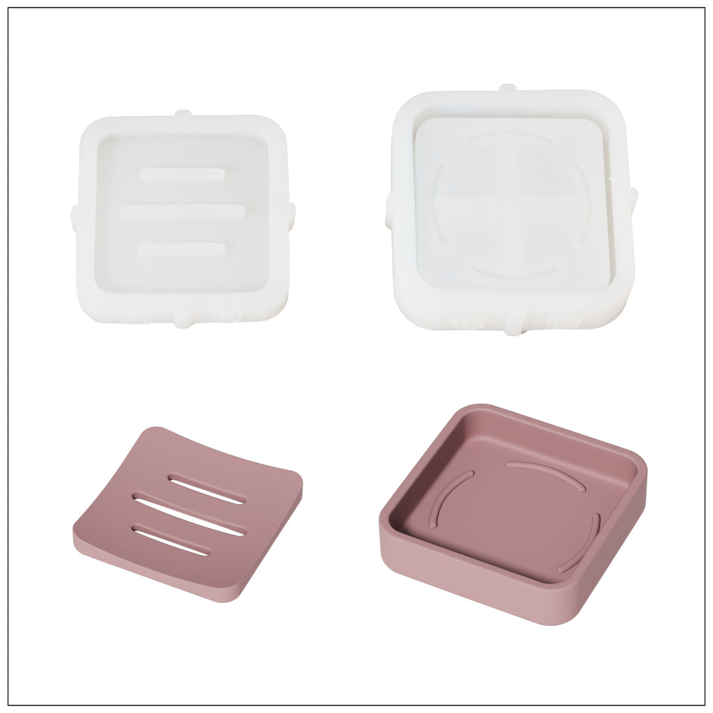 Drain tray, soap box molds, and the finished reddish-brown product, presenting the outcomes of handmade soap crafting.