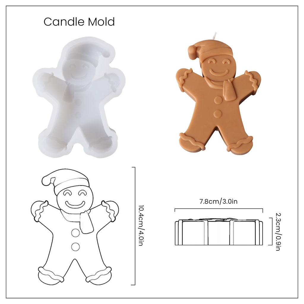 White silicone mold and brown gingerbread man candle with finished dimensions, designed by Boowan Nciole.