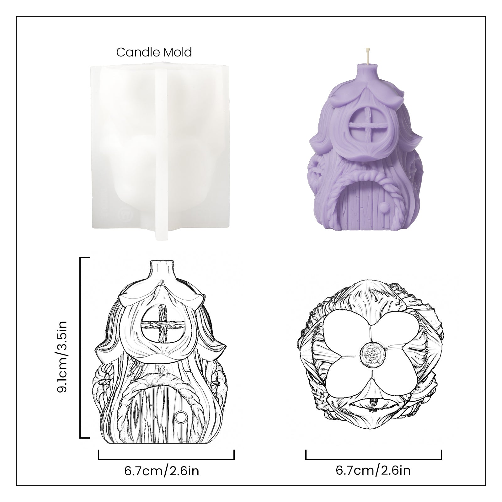 Purple Miniature Fairy House Candle and White Silicone Mold and Finished Size Display - Boowan Nicole