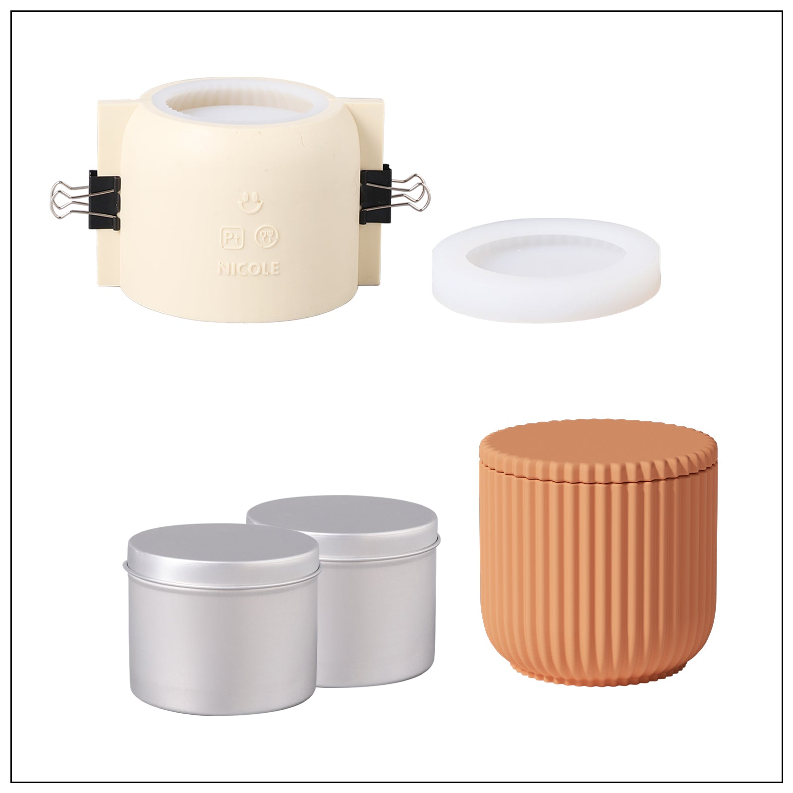 Candle jars with reddish brown flat lids, aluminum jars for making candle refills and silicone molds for making candle jars.