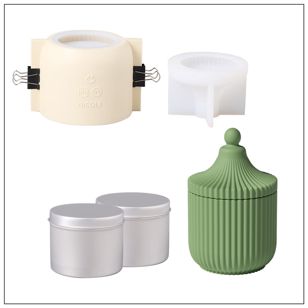 Green candle jar and corresponding silicone mold making kit.
