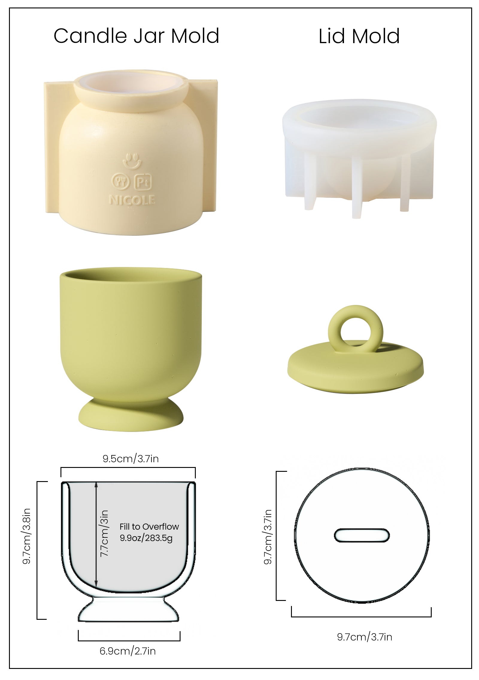 Green Chalice Candle Jar with Ring Handle Lid and White Silicone Mold and Finished Size - Boowan Nicole