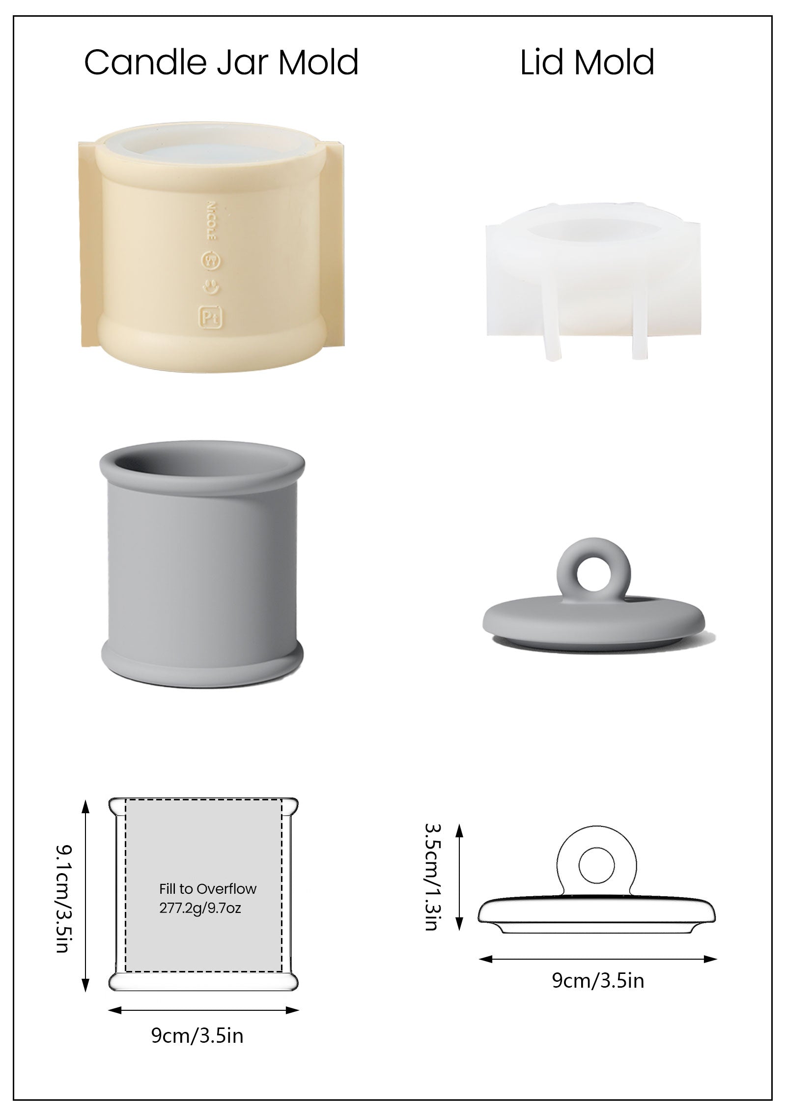 Gray Cylinder Short Candle Jar and Silicone Mold Set and Finished Dimensions -Boowan Nicole