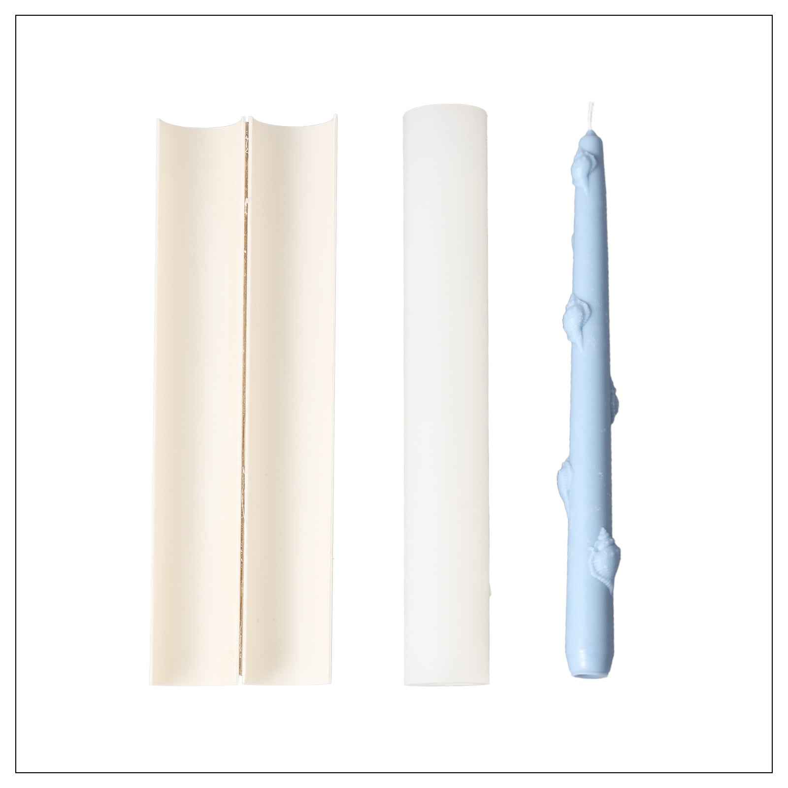 Silicone mold set and finished Ocean Series shell relief taper candle.