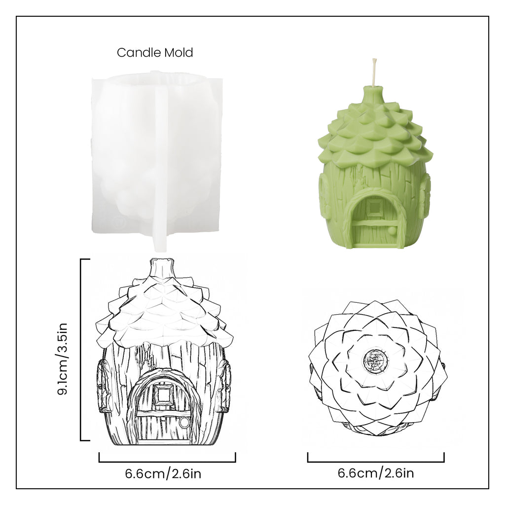 Green Miniature Fairy House Candle and White Silicone Mold and Finished Size Display - Boowan Nicole