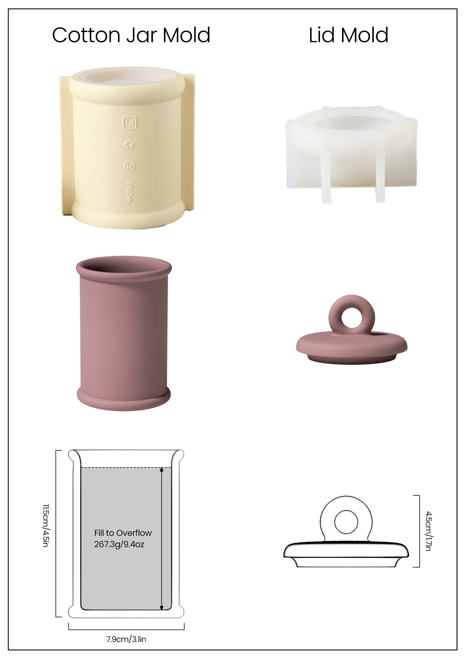 Fuchsia Cylinder Candle Jar and Silicone Mold Set and Finished Dimensions -Boowan Nicole