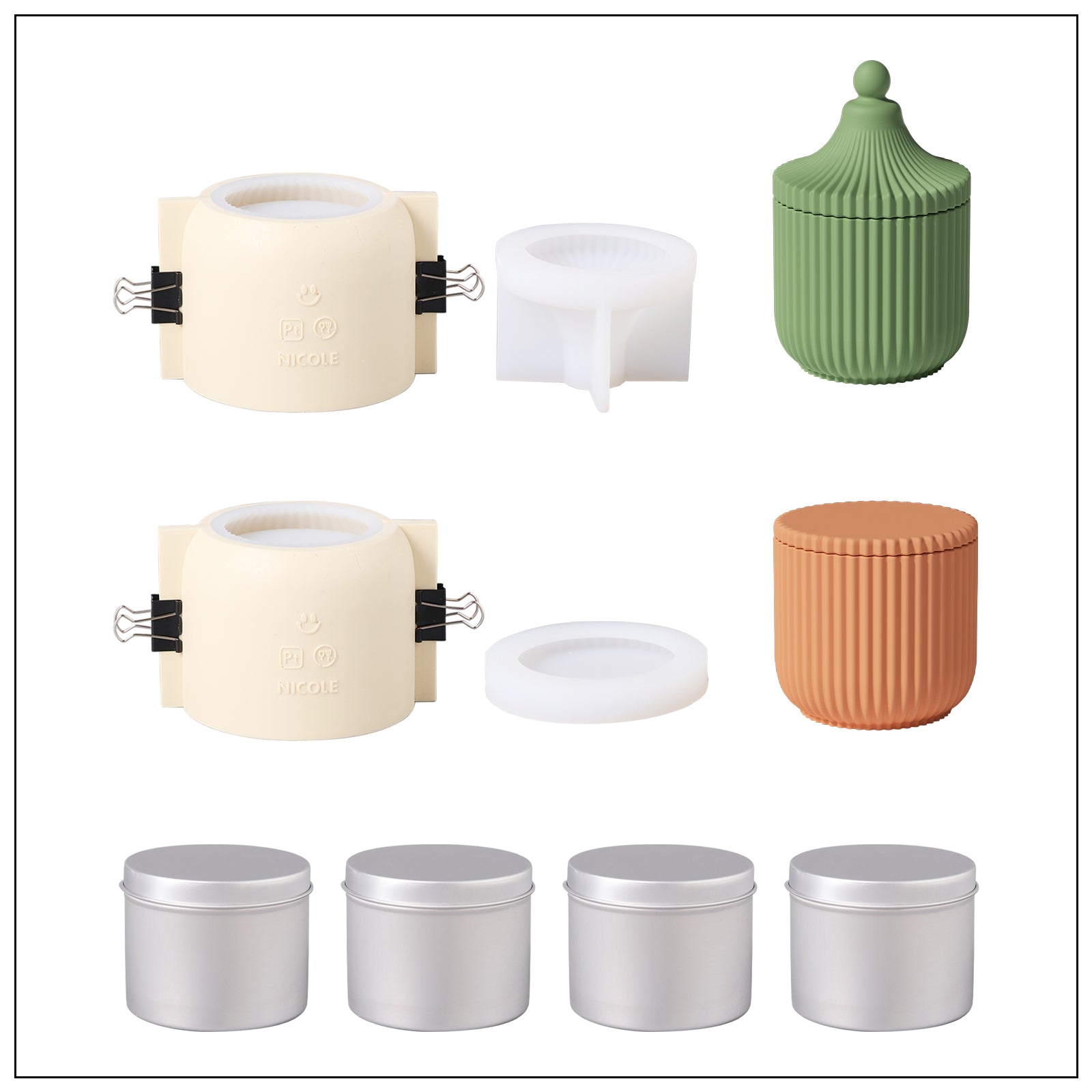 Green ridged convex top lid candle jar, reddish brown ridged flat top candle jar, aluminum jar for making candle refills and silicone mold set for making candle jars.