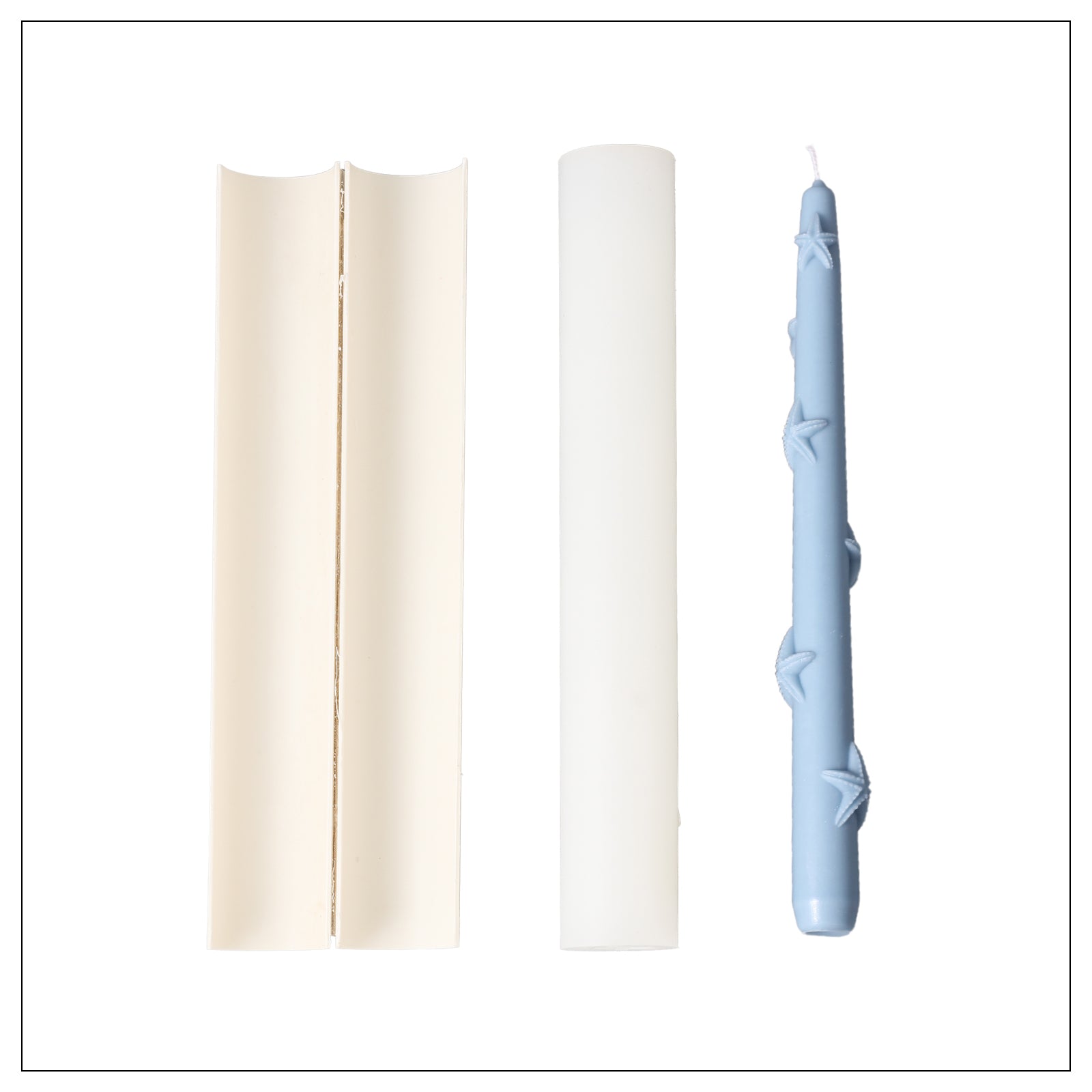 Silicone mold set and finished Ocean Series starfish relief tapered candle.