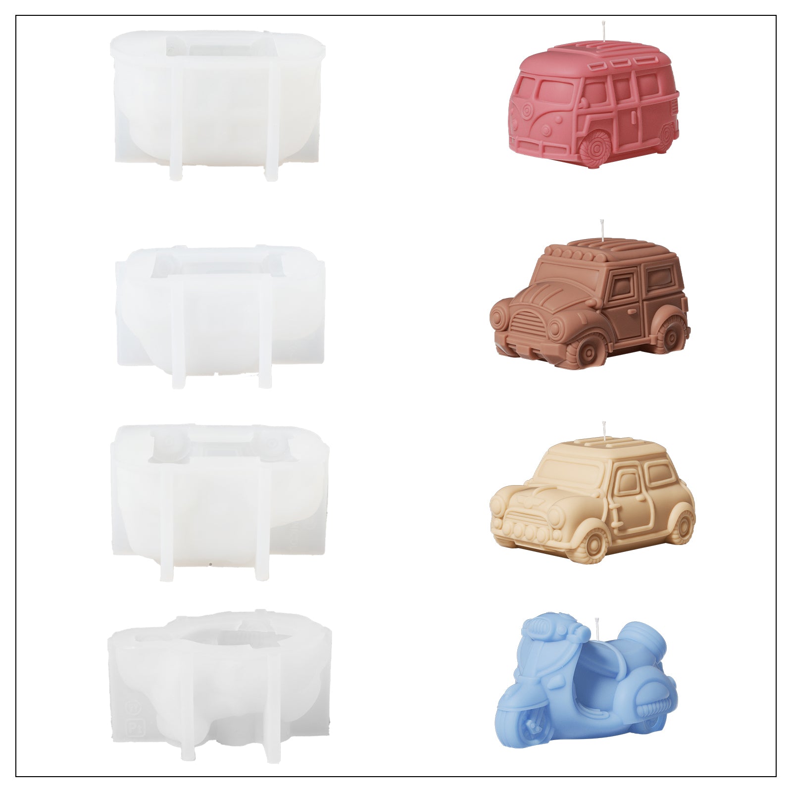 Four motorcycle-shaped candles and white silicone molds, designed by Boowan Nicole.