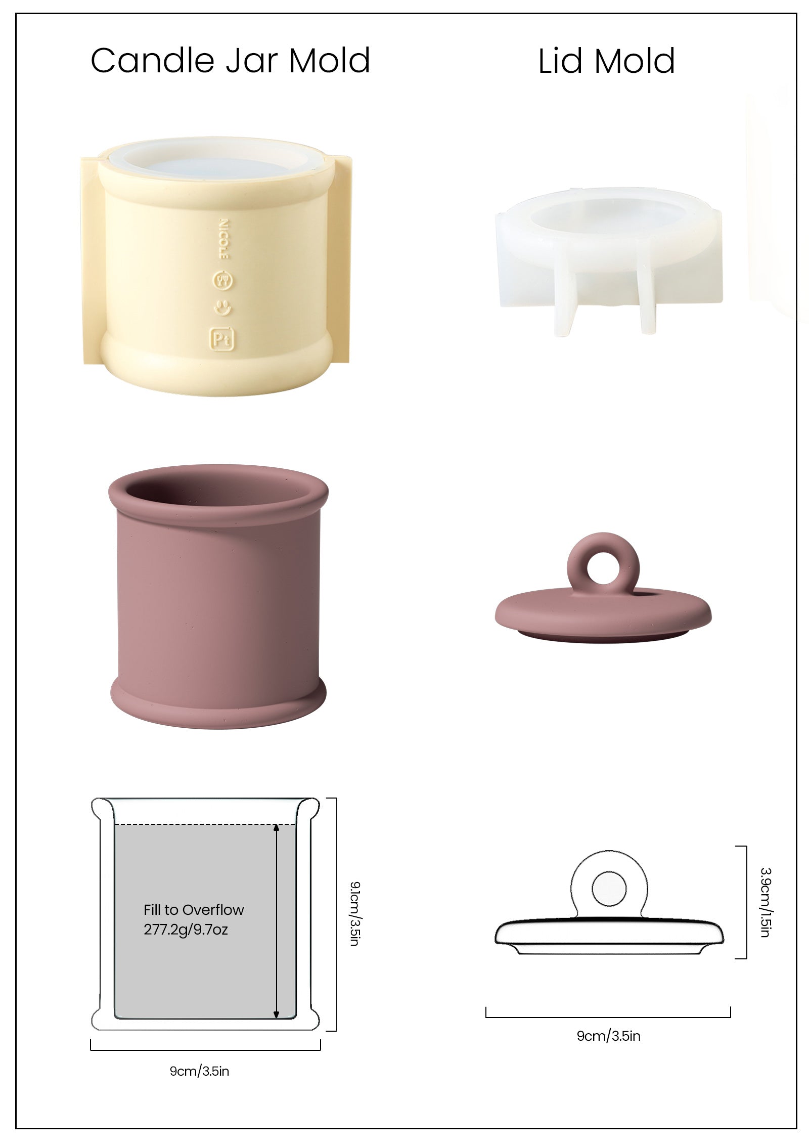 Short burgundy cylinder candle jar and silicone mold set and finished size -Boowan Nicole