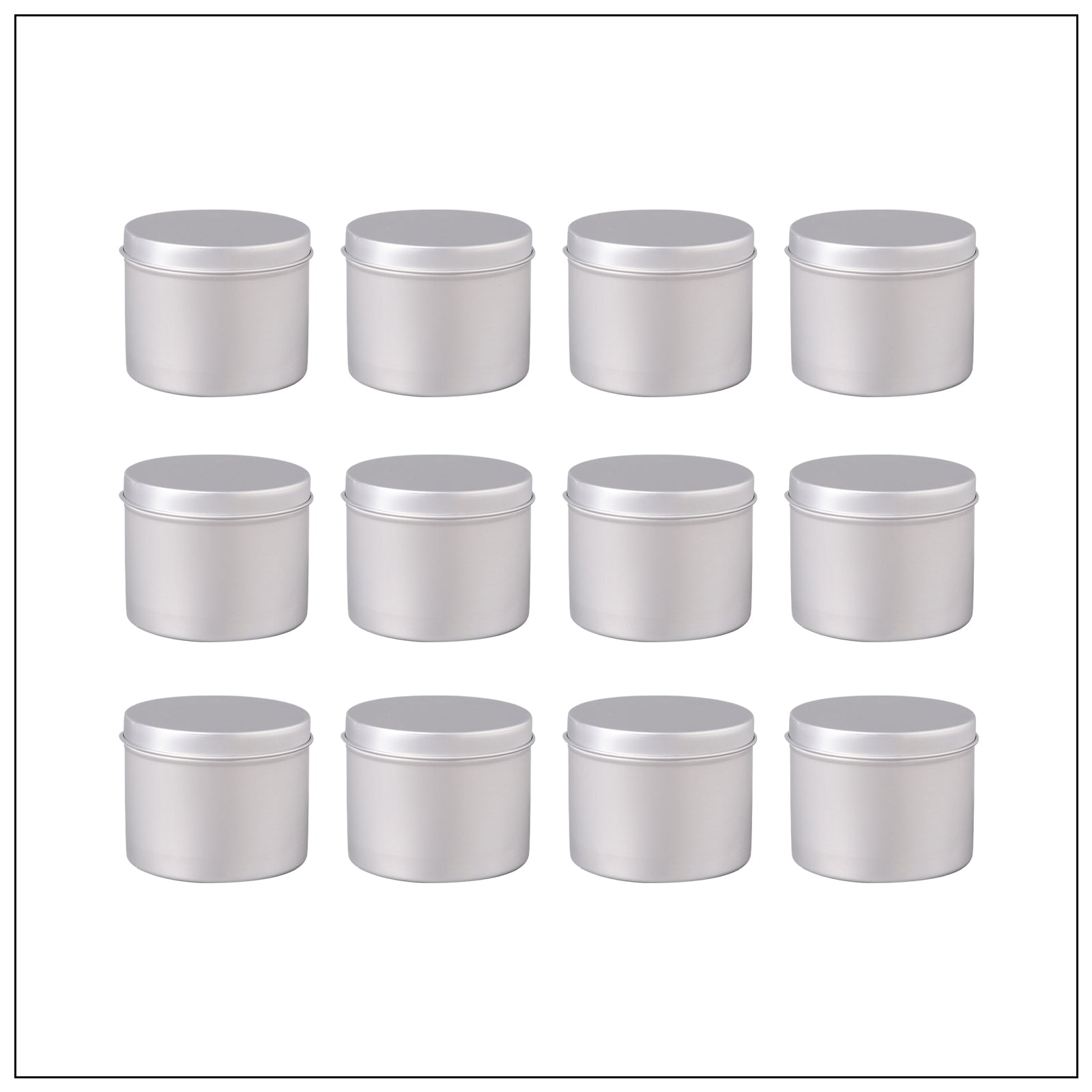 Twelve candle-making aluminum jars that can be used as refills in candle jars or used individually.