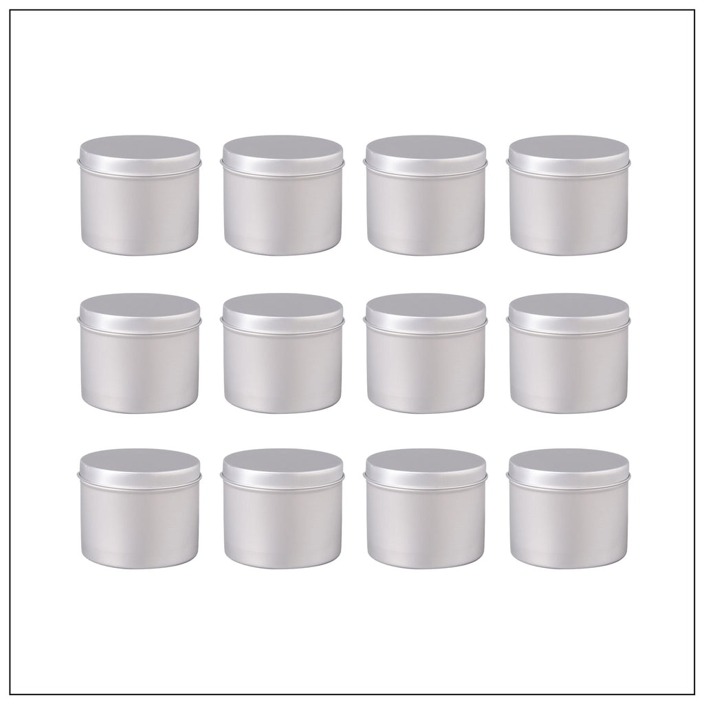 Twelve candle-making aluminum jars that can be used as refills in candle jars or used individually.
