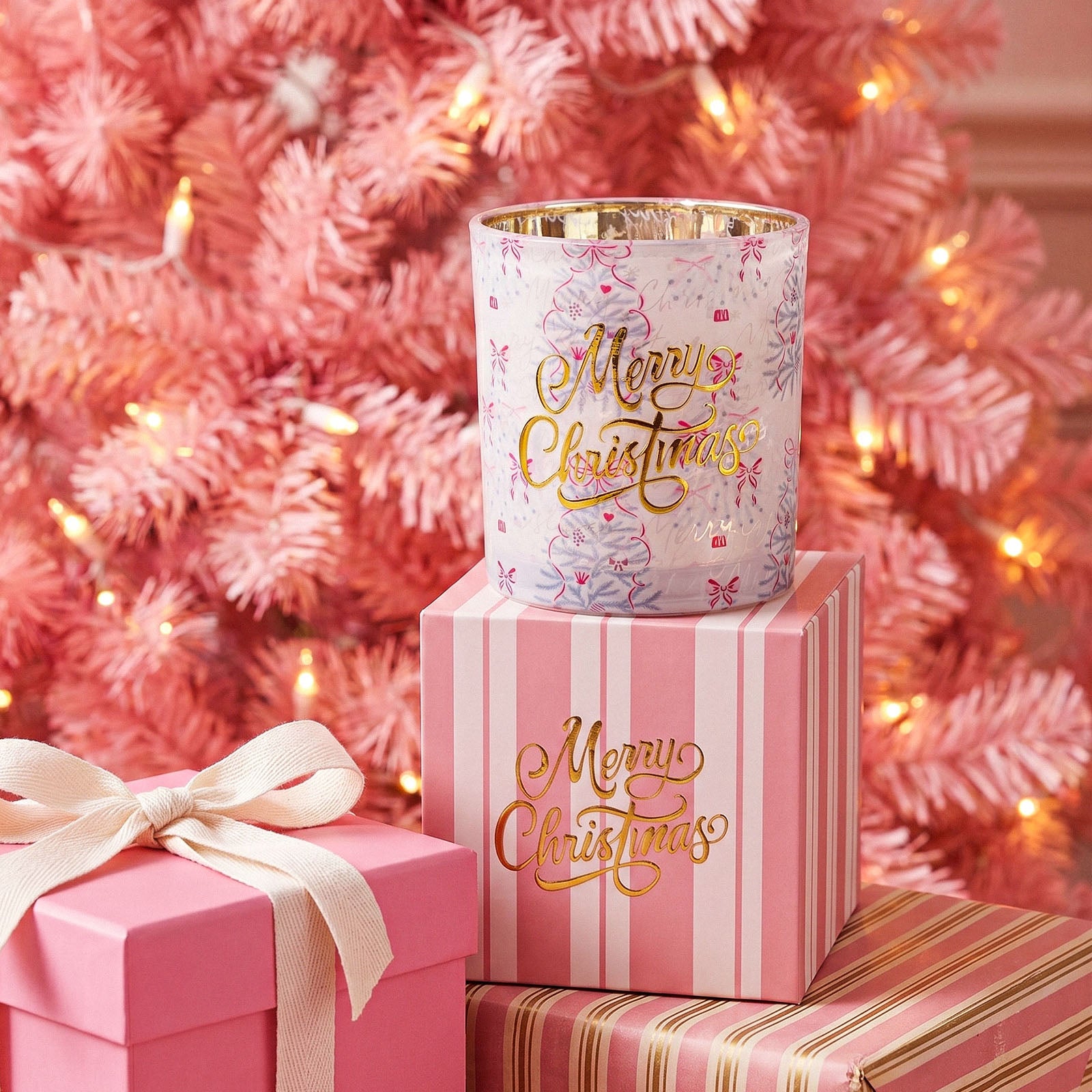Pink Ribbon Christmas Glass Candle Jar Collection