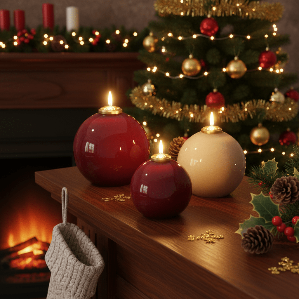 Lit glossy red and ivory bauble candles with gold caps on a wooden mantel, Christmas tree and fireplace creating a warm holiday glow - Boowan Nicole