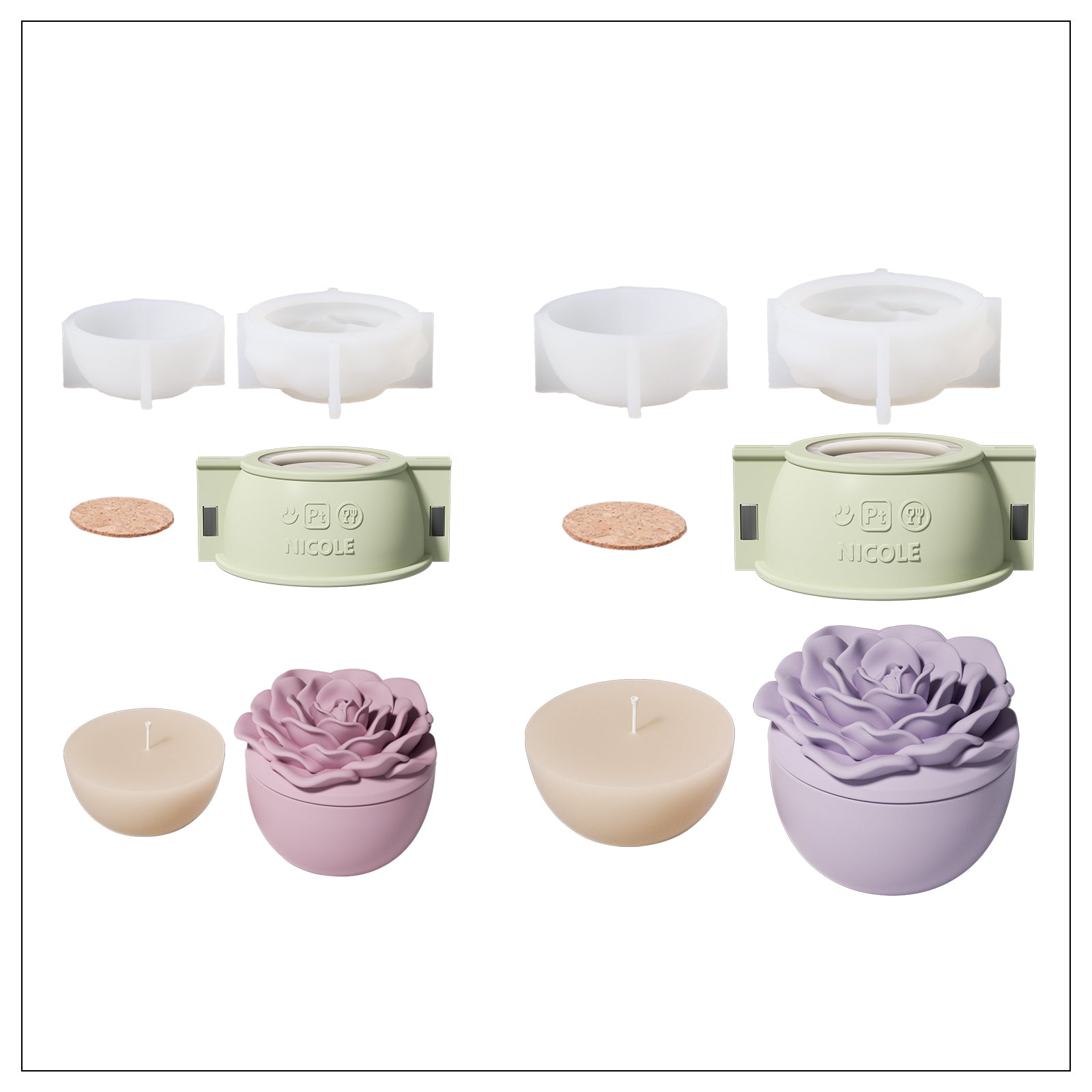 Collection de moules en silicone et de moules de recharge pour pot de bougie Crowning Rose