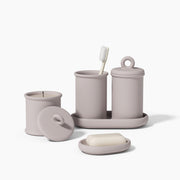 Gray Concrete 4-Piece Bathroom Set, including tall and short candle jars with ring lids, toothbrush cup, soap dish -Boowan Nicole