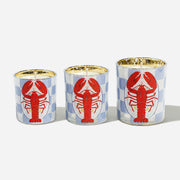 Three Sizes Blue Checkerboard Red Lobster Pattern Gold Speckled Inner Glass Candle Jars on White Background - Boowan Nicole
