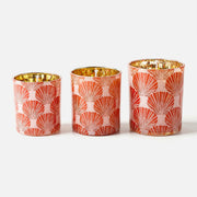 Three Sizes Coral Red Scallop Shell Print Gold Speckle Inner Frosted Glass Candle Jars on Plain White Background - Boowan Nicole