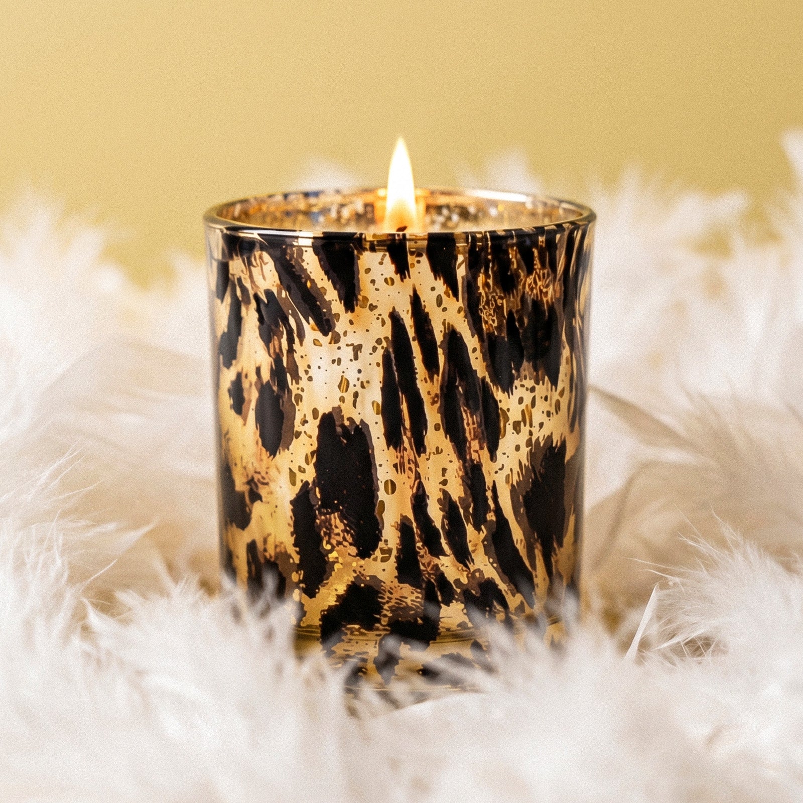 Lit Luxury Black Gold Leopard Print Glass Candle Jar Nestled in Soft White Fluffy Feather Decor - Boowan Nicole