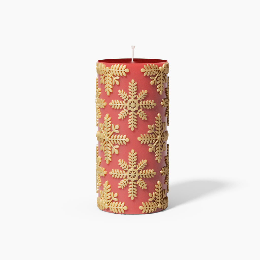 Red long cylinder candle with snowflakes made from silicone mold designed by Boowan Nicole.
