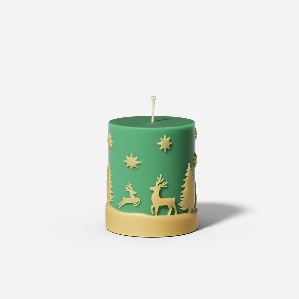 Green short cylinder Christmas pattern candle made from silicone mold, designed by Boowan Nicole.