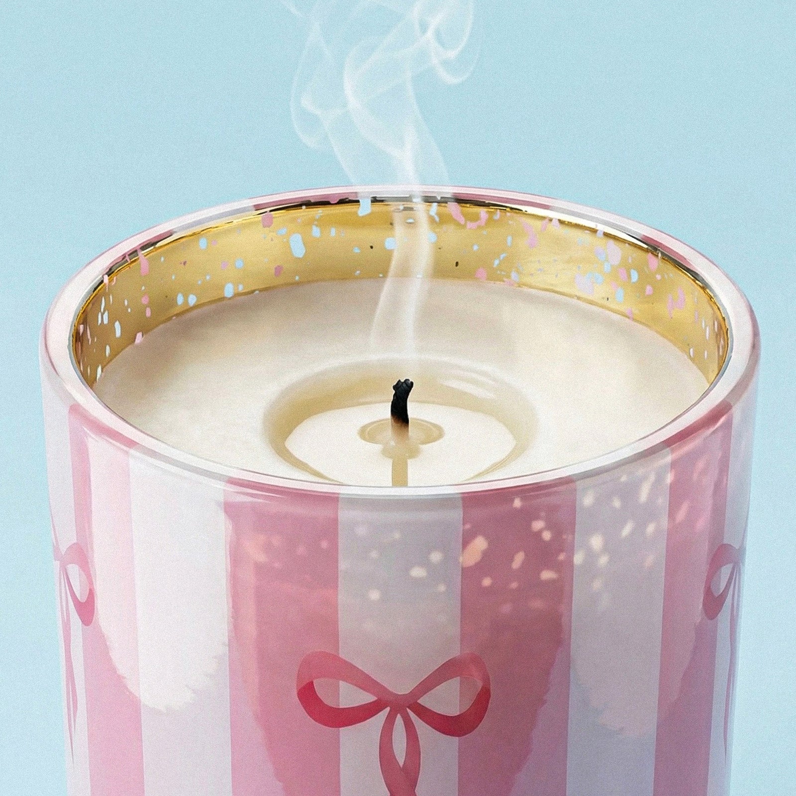 Close-up of Smoldered Wick on Pastel Pink Stripe Red Bow Graphic Gold Speckled Rim Glass Candle Vessel - Boowan Nicole