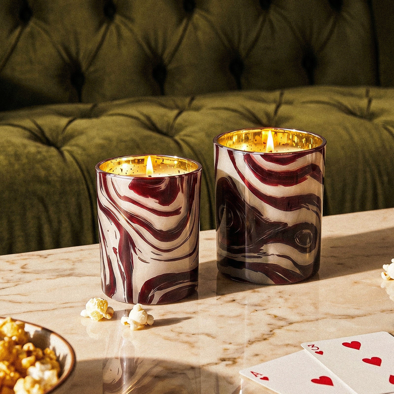 Close-up of Smoldered Wick on Burgundy Marble Agate Swirl Graphic Gold Speckled Rim Gloss Candle Vessel - Boowan Nicole