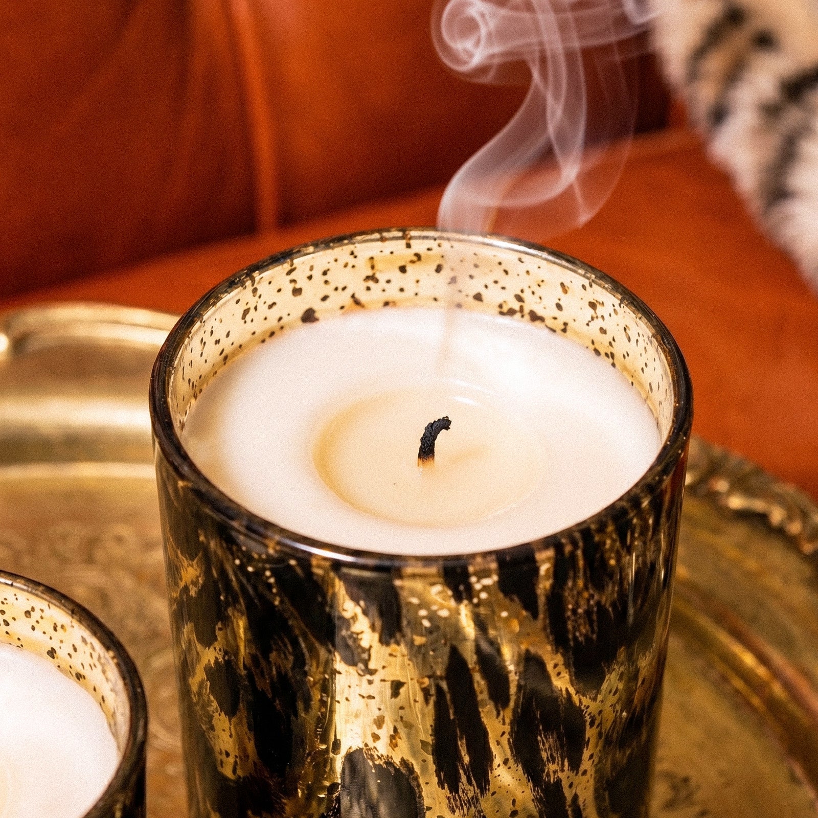 Close-up of Smoldered Wick on Metallic Speckle Rim Black Gold Leopard Pattern Gloss Glass Candle Vessel - Boowan Nicole