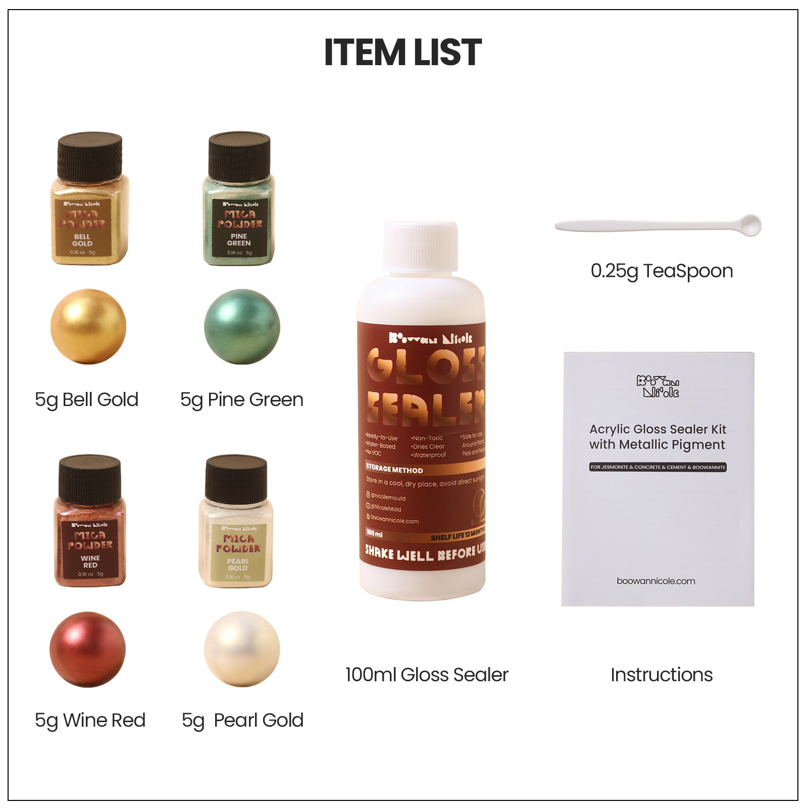 Glitter Colorable Acrylic Gloss Sealer Varnish with Mica Powder Kit - 4 of Christmas Colors