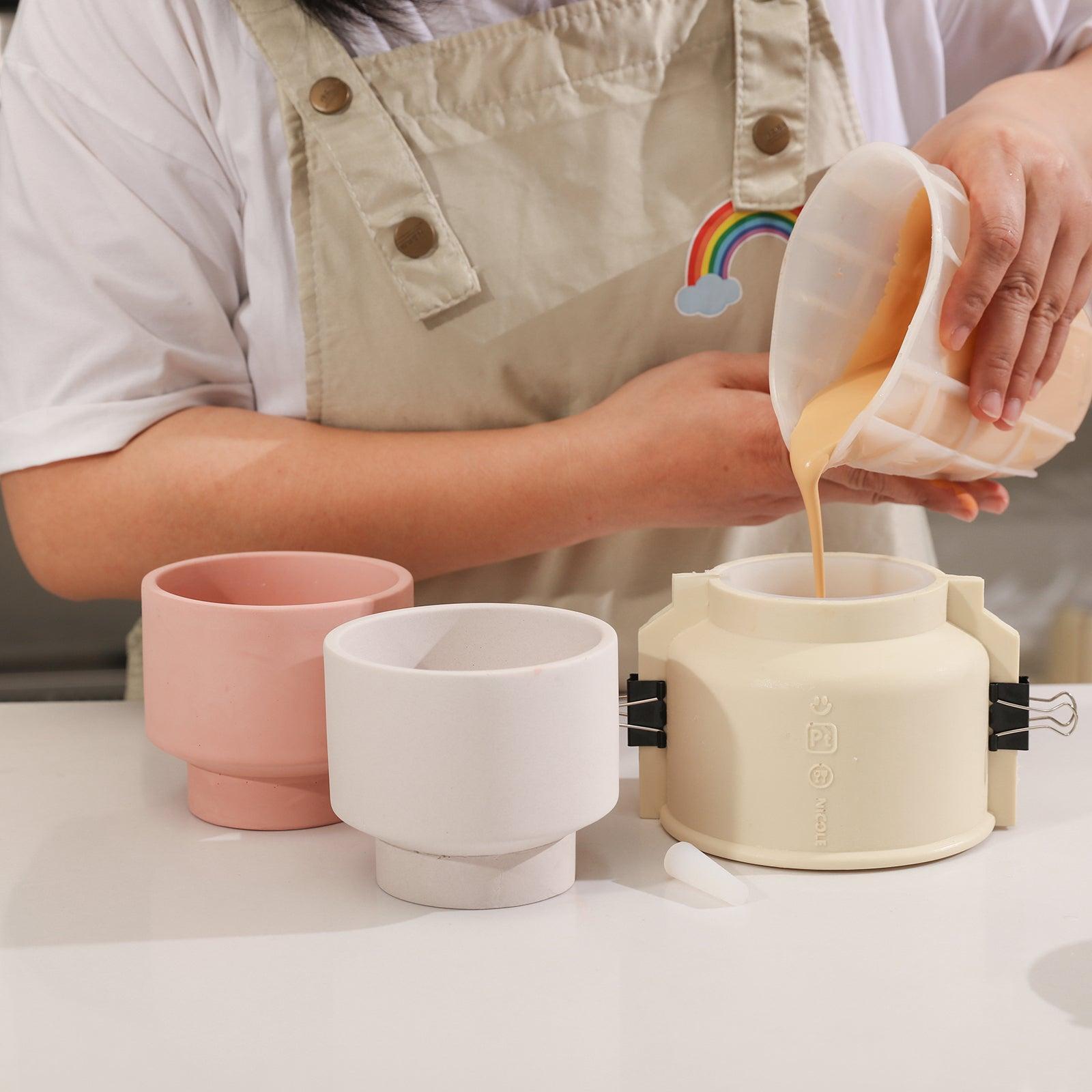 Pour boowannite material into the silicone mold set for making a Concrete Plant Pot - Boowan Nicole