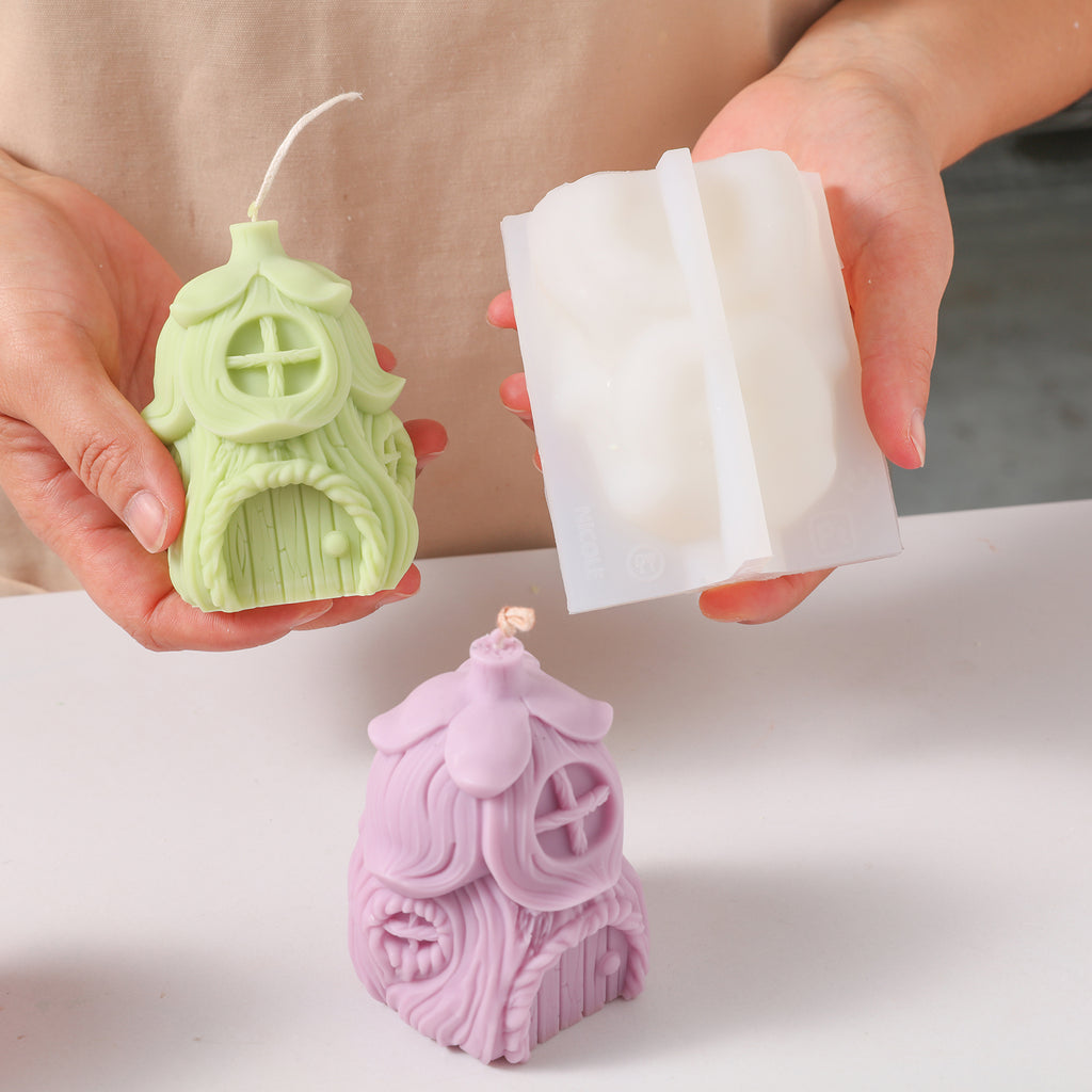 Handheld Display Green Miniature Fairy House Candle and White Silicone Mold - Boowan Nicole