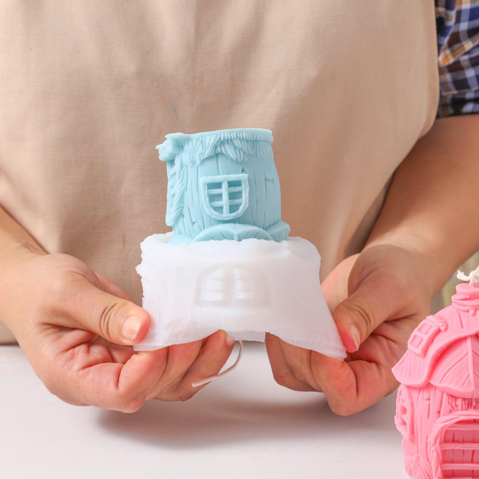 Blue miniature fairy mushroom house candle emerging from silicone mold - Boowan Nicole