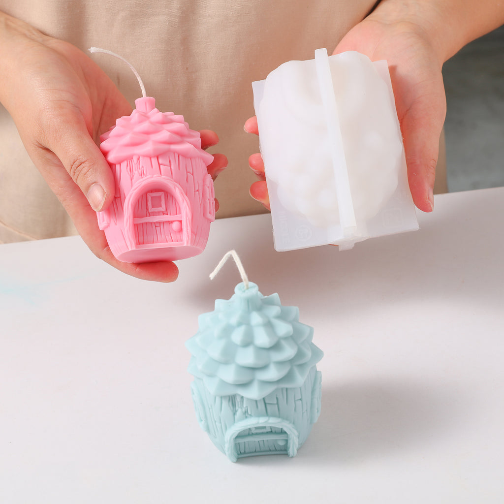 Hand held display pink miniature fairy house candle and white silicone mold - Boowan Nicole
