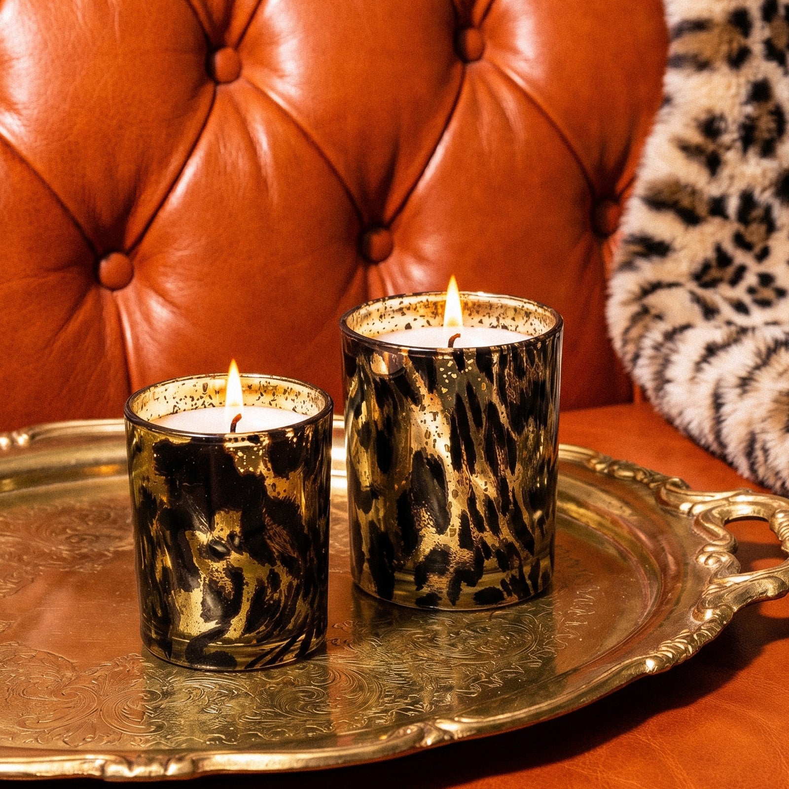 Two Burning Glam Leopard Print Candle Cups Rested on Vintage Ornate Gold Tray Against Brown Tufted Leather Sofa - Boowan Nicole