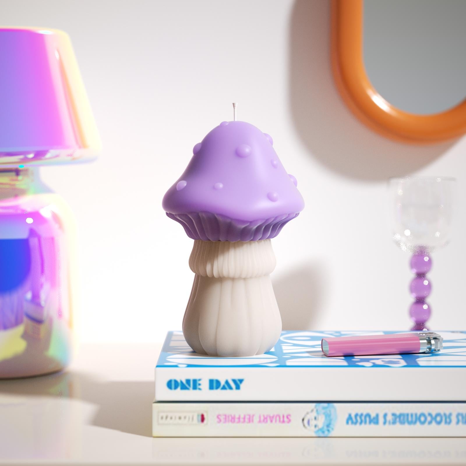 The color-blocked mushroom candle adds a joyful touch to the entire space.