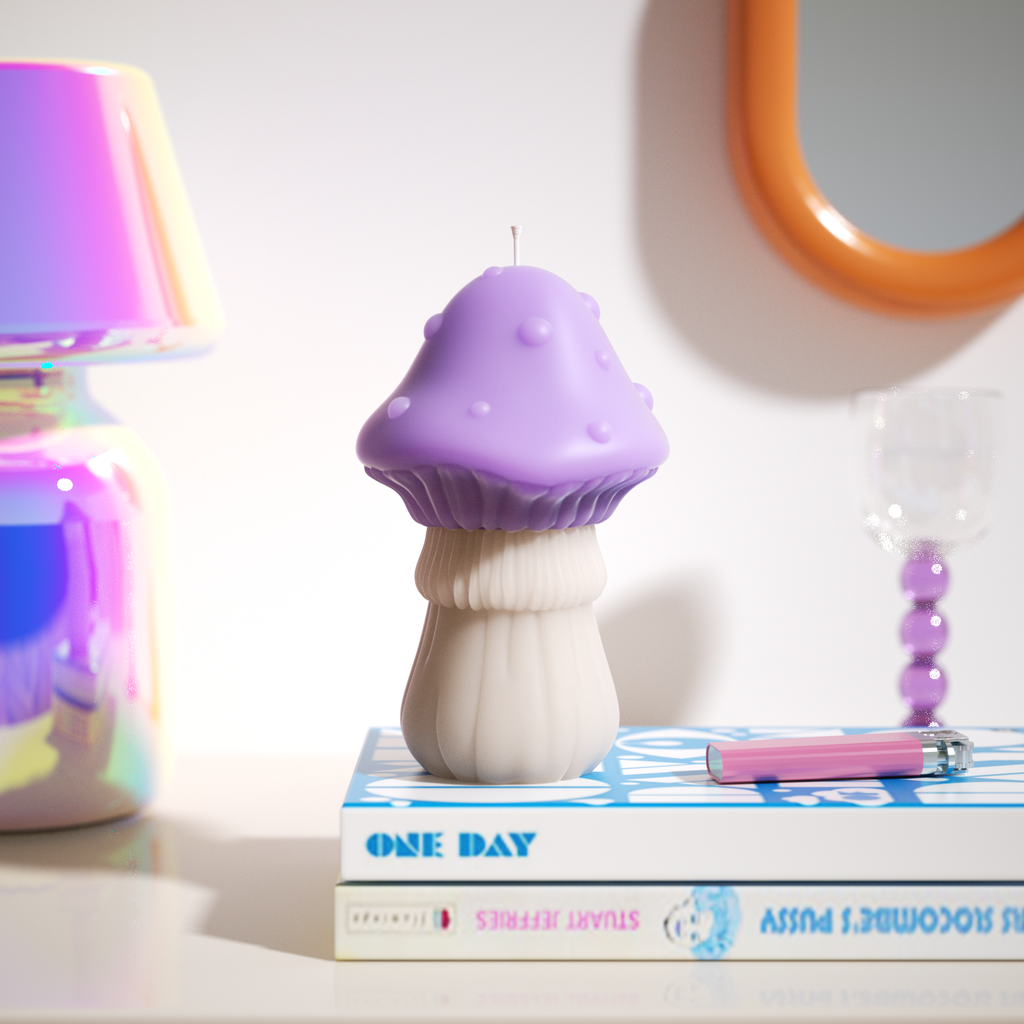 The color-blocked mushroom candle adds a joyful touch to the entire space.