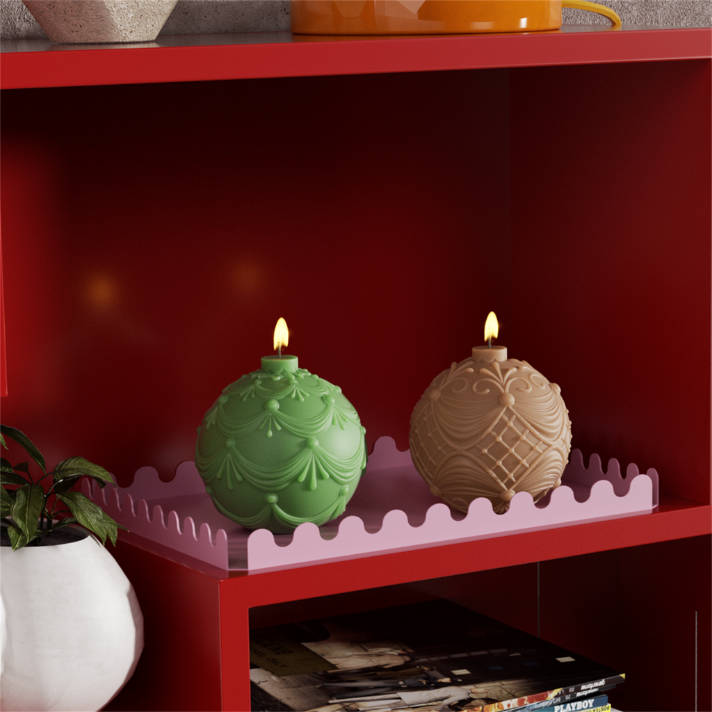 Christmas ball-shaped candles made with Boowan Nicole silicone molds, perfect for festive home decor.