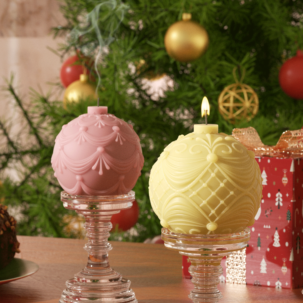 Decorative Christmas-themed ball candles with classic Christmas elements, perfect for holiday home decor ideas