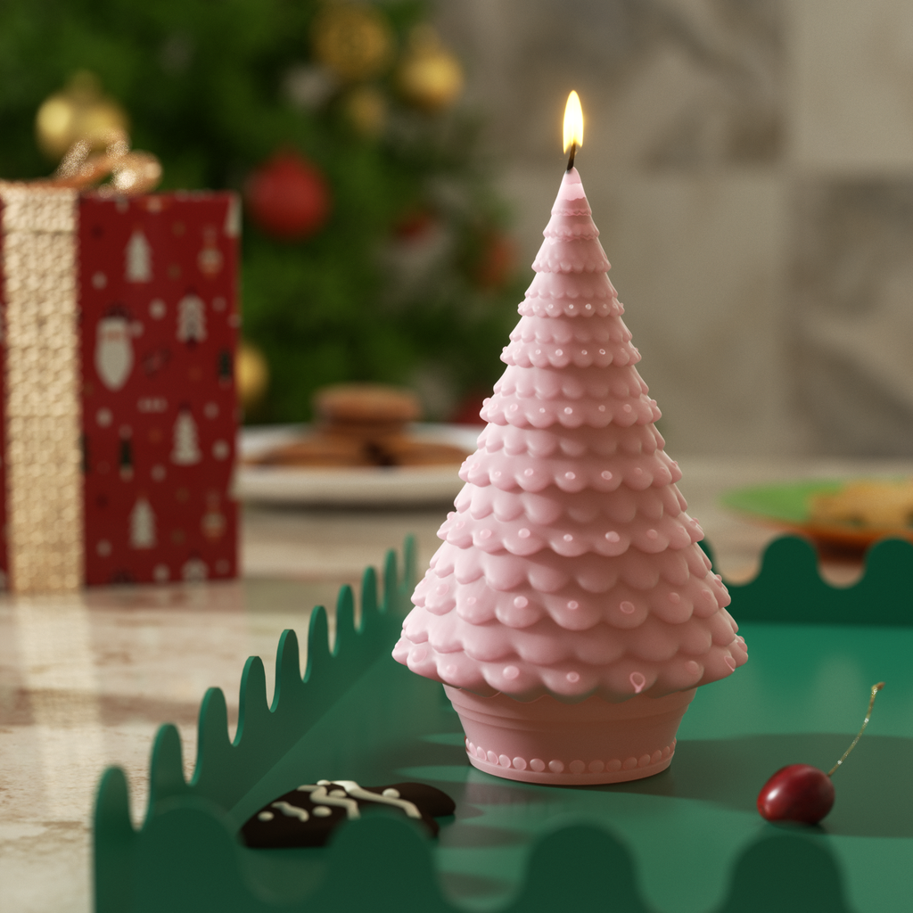 Pink 8-inch Christmas tree candle is used on a green tray-Bowan Nicole