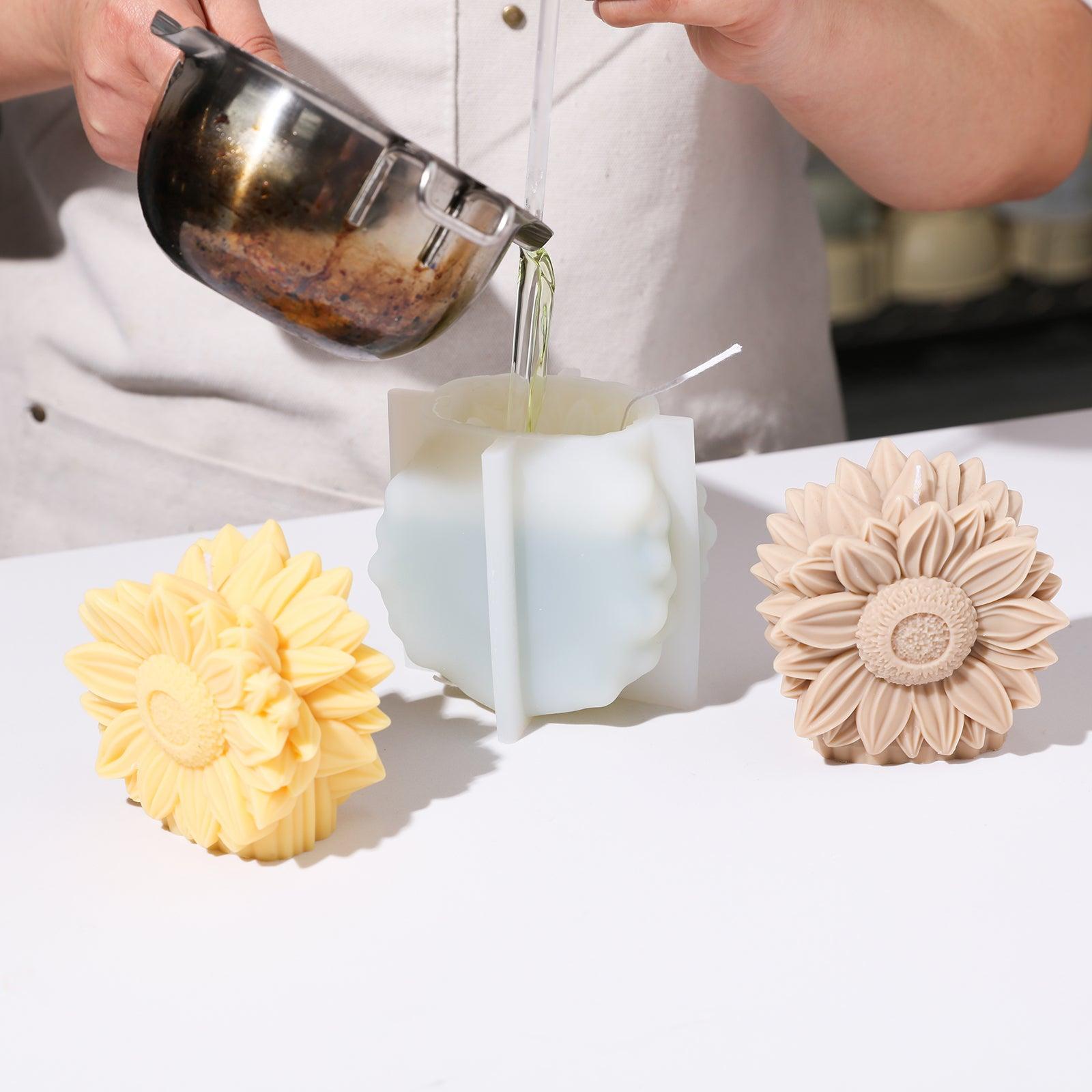 Pour liquid wax into silicone mold to make Sunflower Mirage Candle-Boowan Nicole