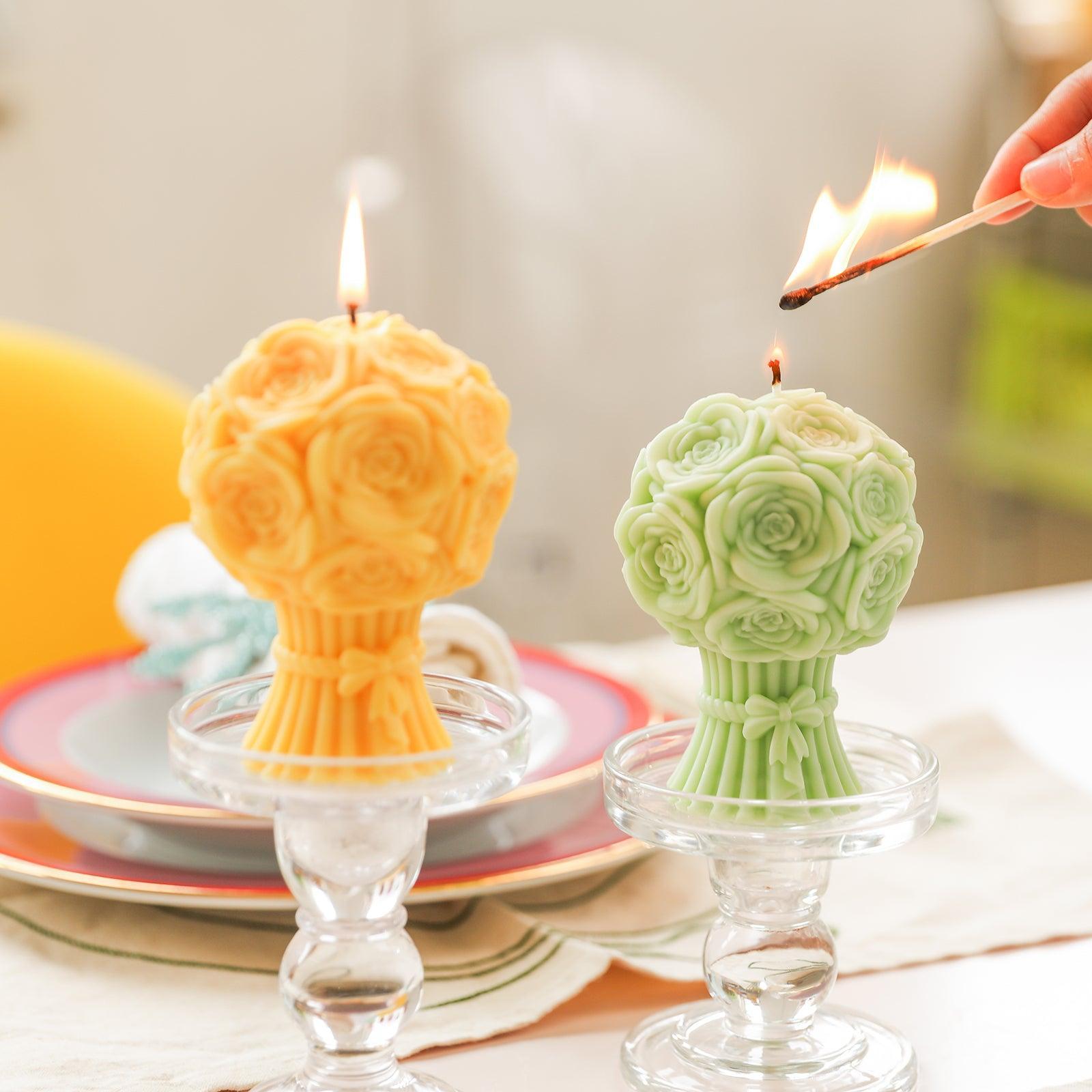 Lighted Tabletop Crystal Tray Rose Bouquet Flourishing Candle in Yellow and Green - Boowan Nicole