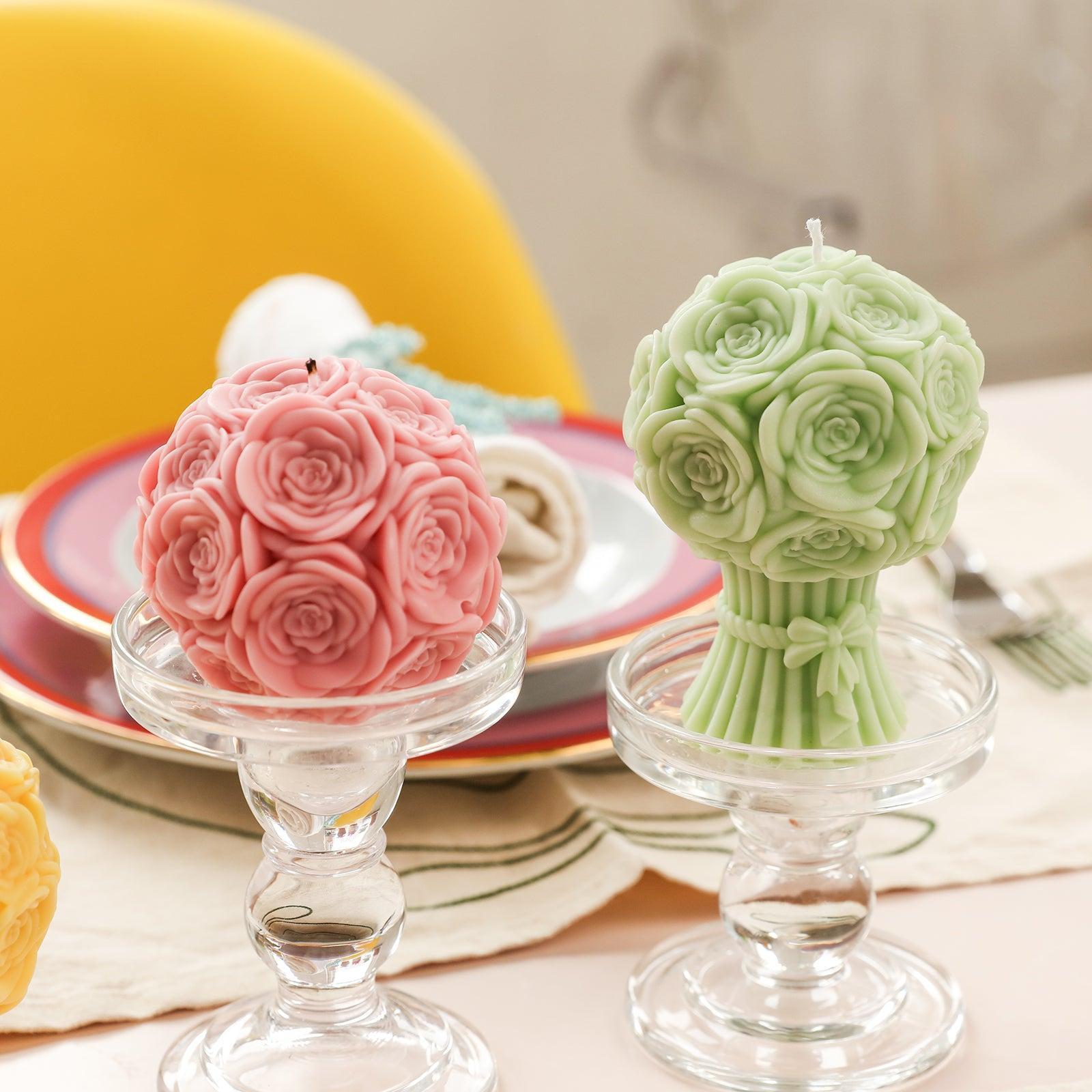 Pink and Green Rose Bouquet Flourishing Candle in Crystal Tray on Dining Table - Boowan Nicole