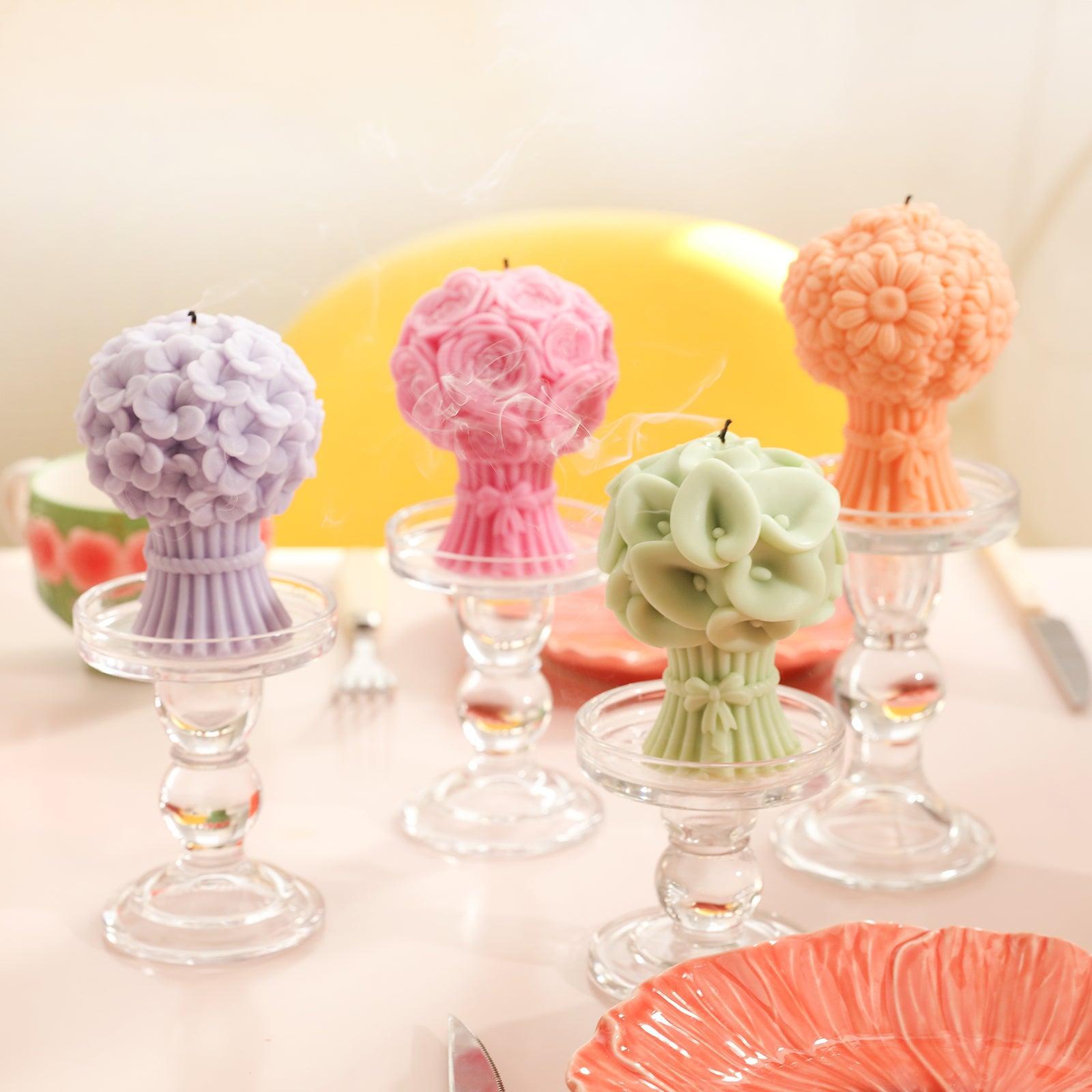 Four Calla Lily Bouquet Flourishing Candles in Tabletop Crystal Tray -Boowan Nicole