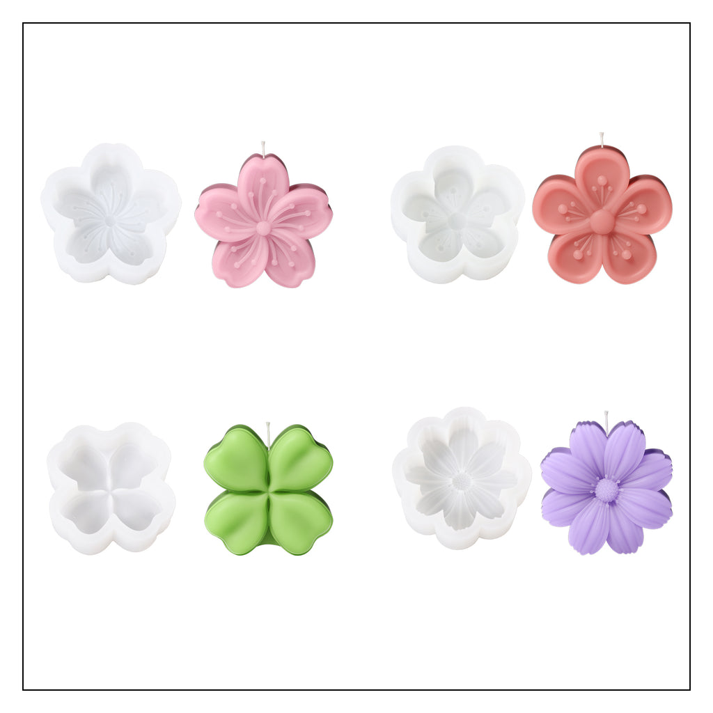 Four floral candles in pink, green and purple and corresponding white silicone molds-Boowan Nicole
