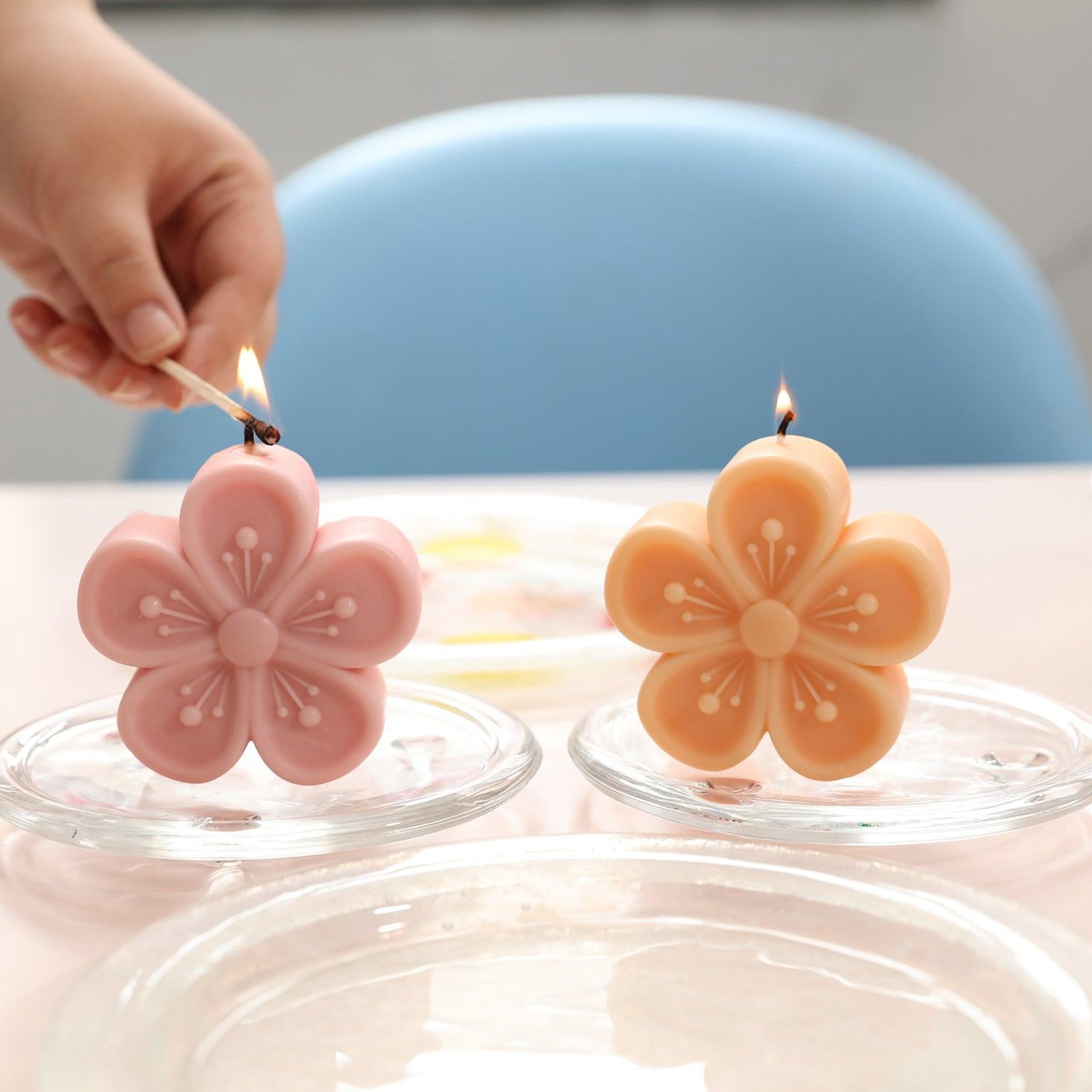 Light Yellow and Pink Peach Blossom Candle in Tabletop Crystal Tray - Boowan Nicole