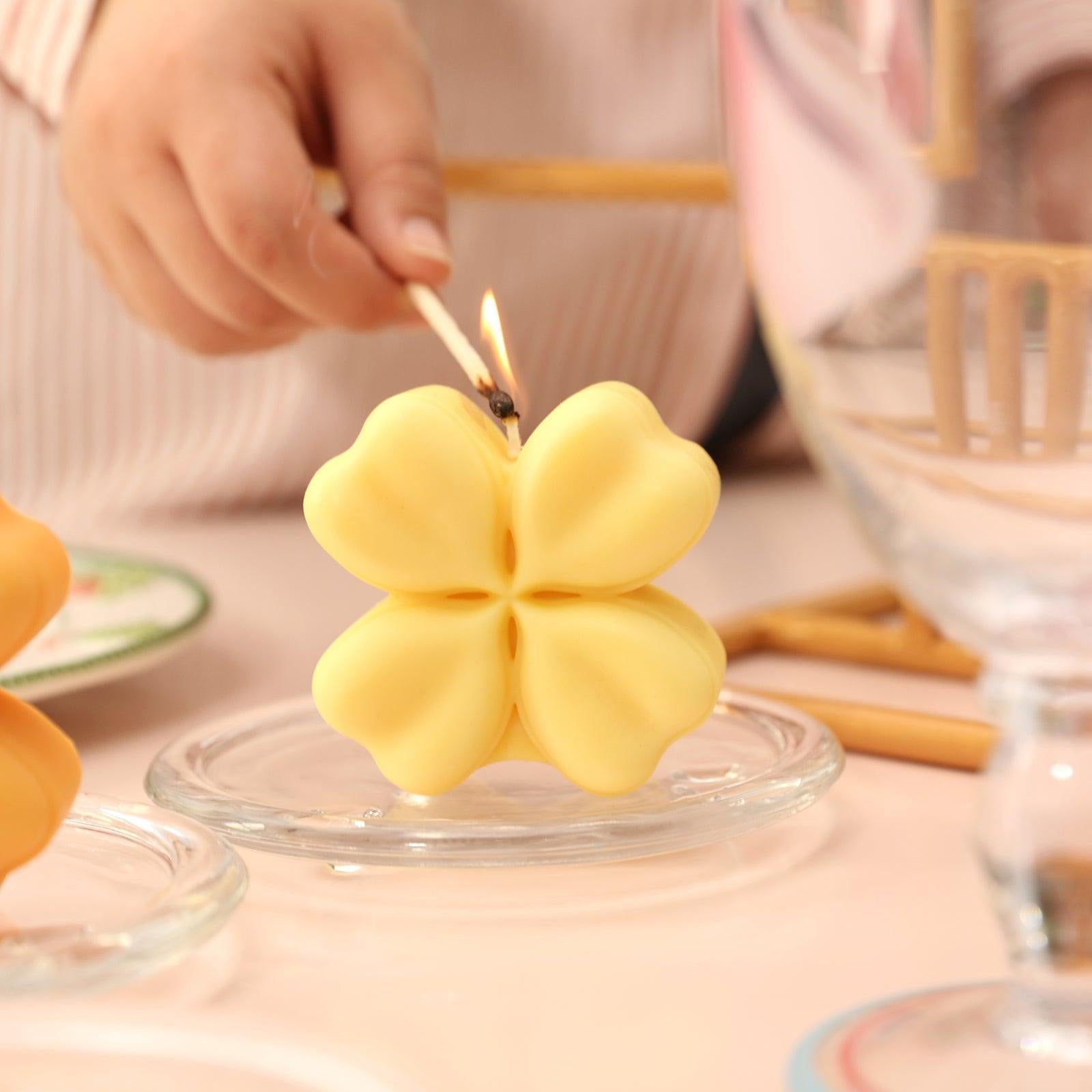 Lighted Tabletop Crystal Tray Medium Yellow Four-Leaf Clover Candle-Boowan Nicole