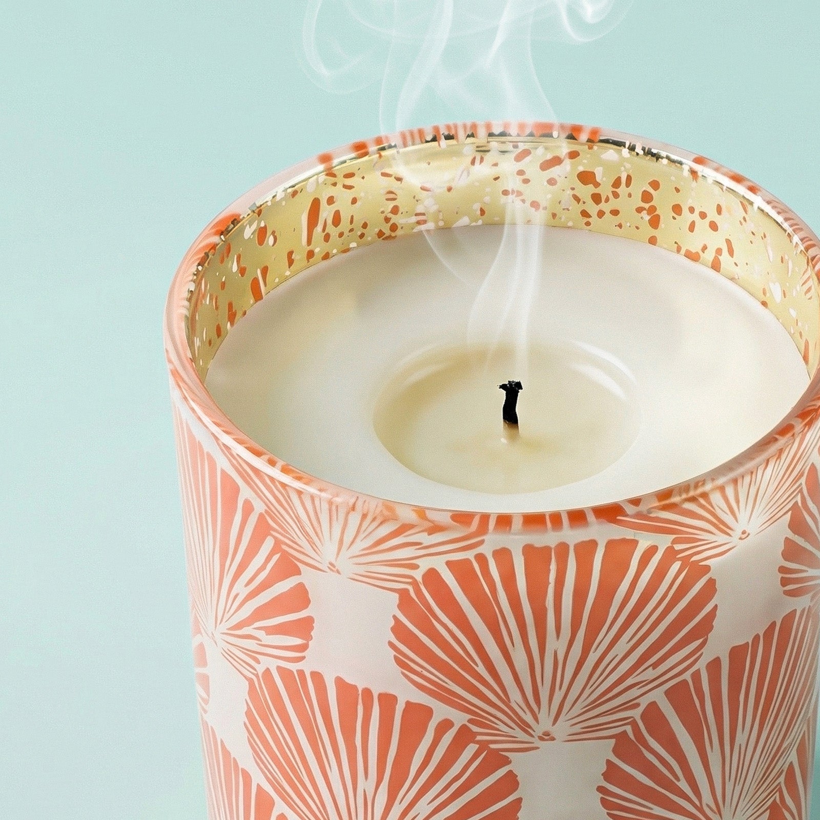 Close-up of Smoldered Wick on Red Fan Shell Graphic Gold Speckled Rim Glass Candle Vessel - Boowan Nicole